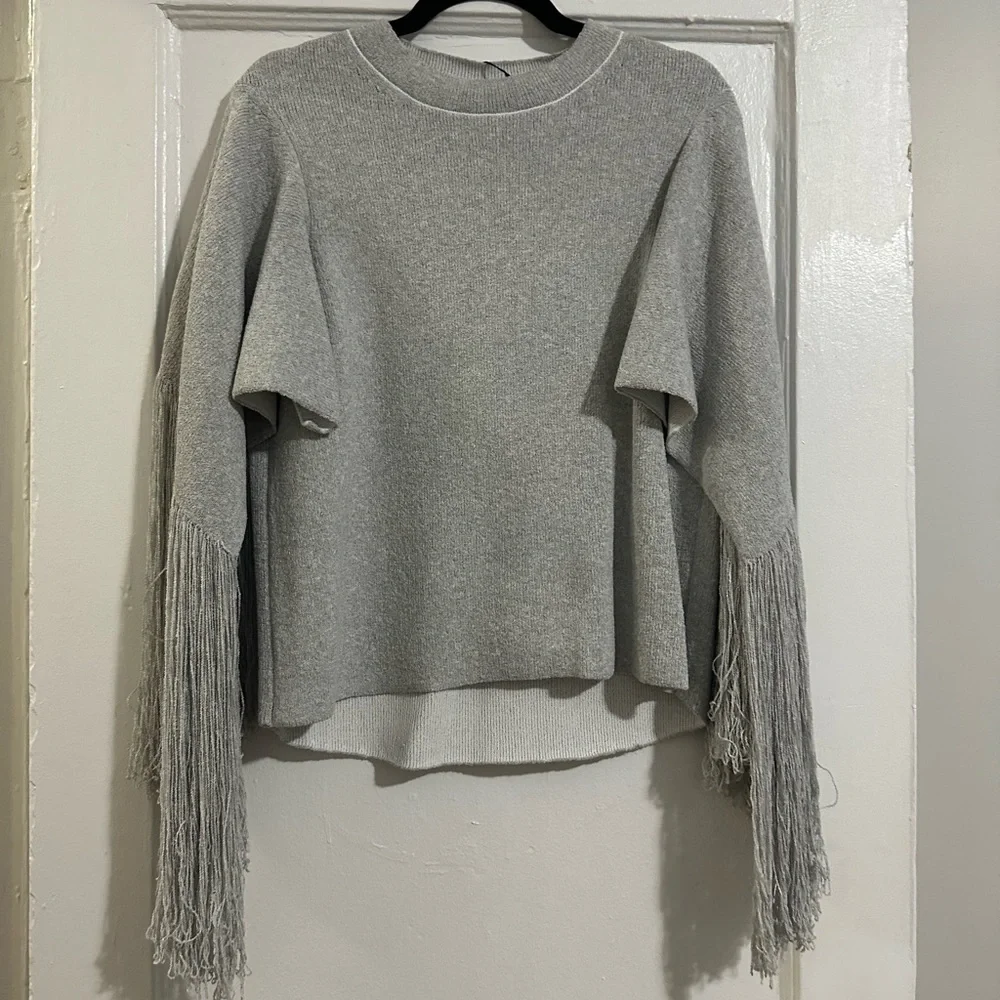 Proenza Schouler Light Gray Fringe Sleeve Knit Sweater